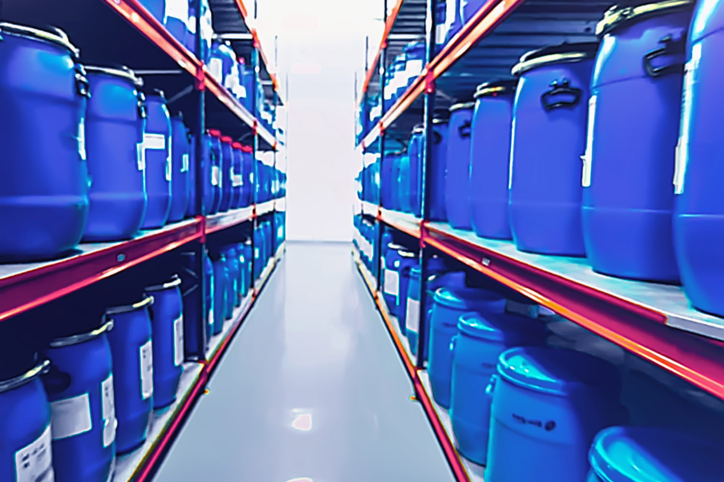 raw materials in barrels stored in a warehouse