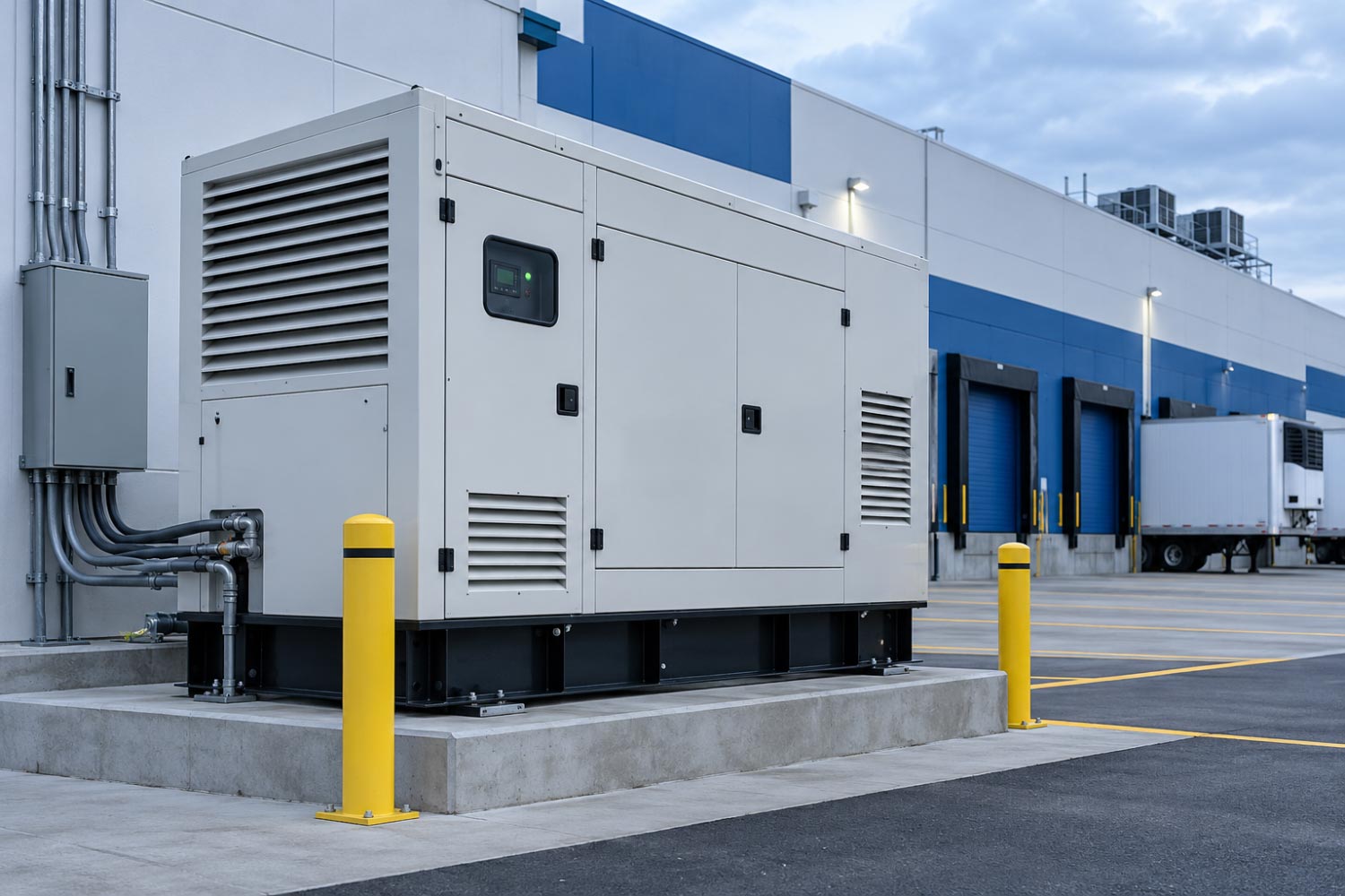 Euro-American Worldwide Logistics – Warehouse Backup Power Generator Industrial standby backup generator outside a logistics warehouse.