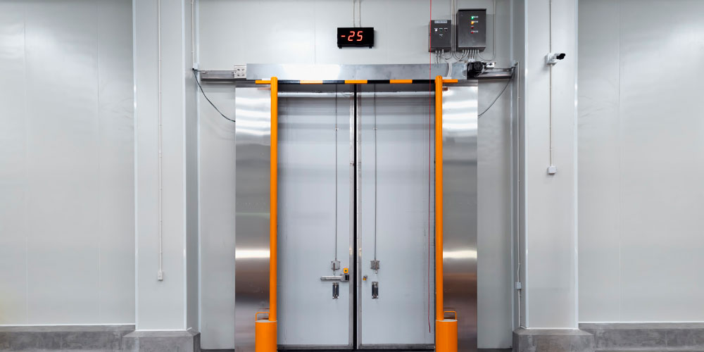 Euro-American Worldwide Logistics – Temperature-Controlled Freezer Storage Industrial freezer doors with a temperature display reading -25°C.