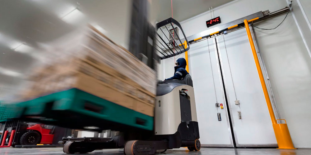 Euro-American Worldwide Logistics – Frozen Storage Warehouse Operations Forklift operator transporting palletized goods inside a -24°C freezer warehouse.