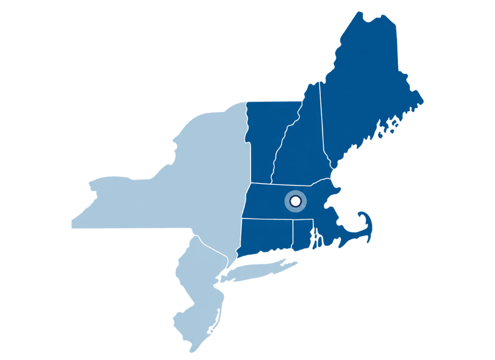Northeast Logistics Service Area Map – Worcester, MA Logistics coverage map showing New England, New York, and New Jersey, with Worcester, Massachusetts marked as the central hub.