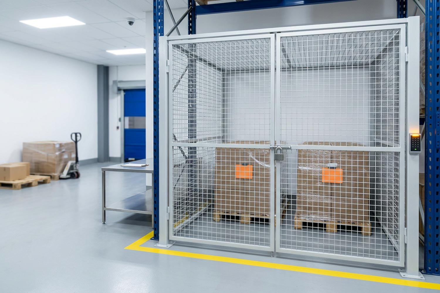 Secure Caged Storage Area in Pharmaceutical Warehouse Locked wire mesh storage cage protecting palletized inventory in a pharmaceutical warehouse.